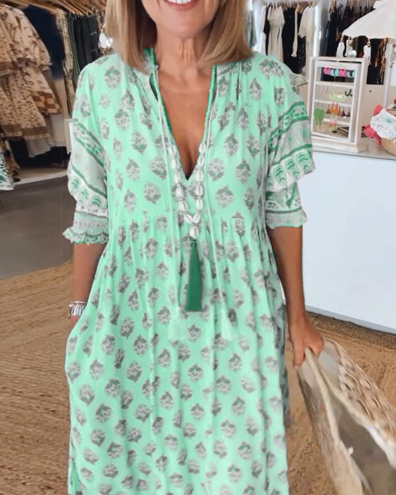 Emily Elegant V-Neck Printed Midi Dress with Balloon Sleeves
