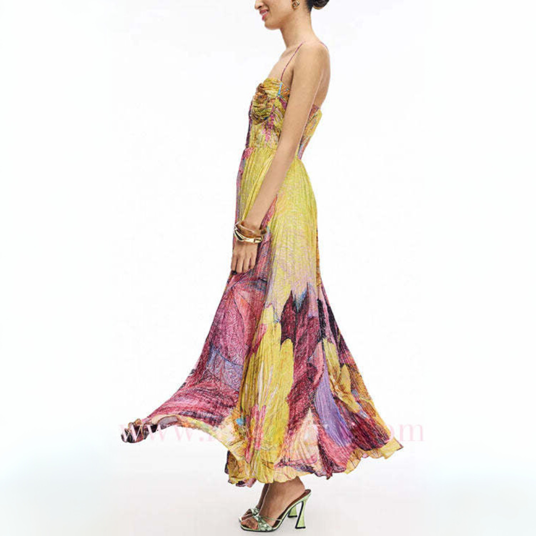Emma Elegant Floral Print Waisted Swing Maxi Dress