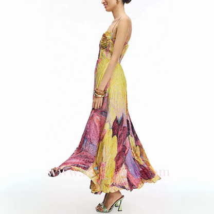 Emma Elegant Floral Print Waisted Swing Maxi Dress