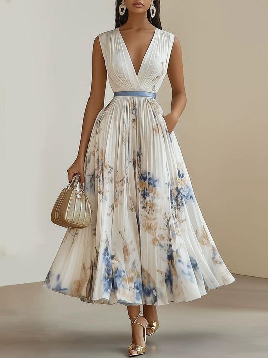 Bella Floral Chiffon V Neck Sleeveless A-Line Midi Dress