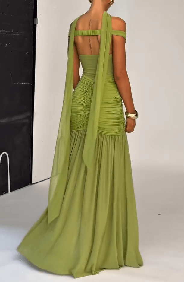Annie Elegant Olive V-Shoulder Maxi Dress