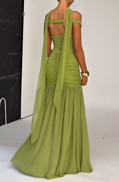 Annie Elegant Olive V-Shoulder Maxi Dress
