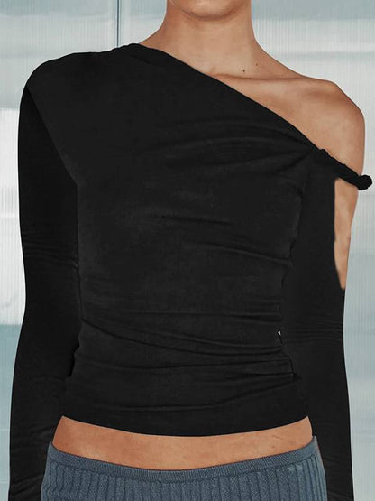 Lily Elegant One-Shoulder Pleated Long-Sleeved T-shirt