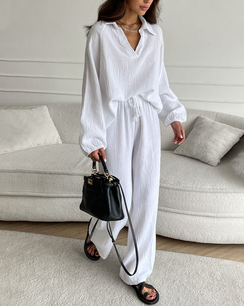 Anna - Simple V-Neck Casual Two-piece Set