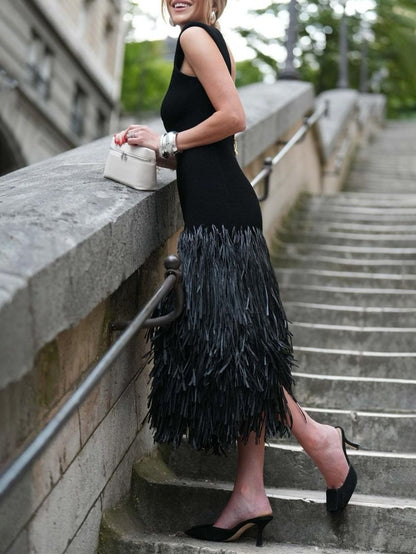 Lily Elegant Raffia Fringed Midi Dress