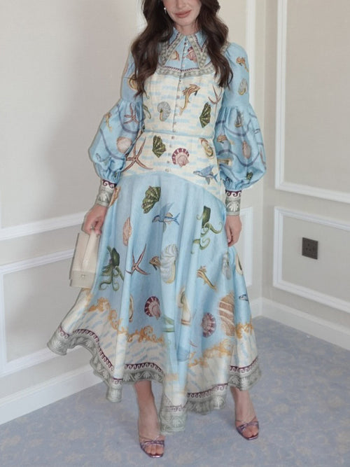 Amelia Elegant Deep Sea Floral Midi Dress