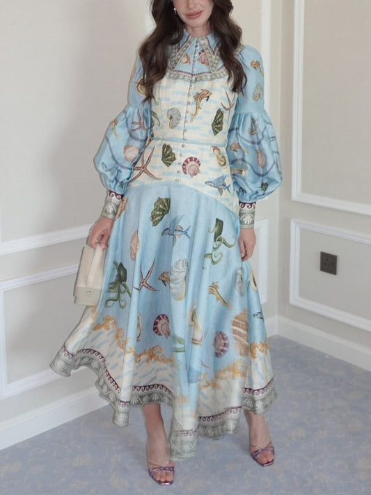 Amelia Elegant Deep Sea Floral Midi Dress