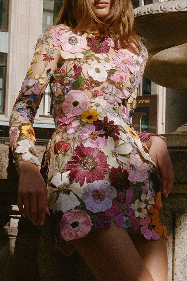 Sadie Elegantly Enchanted Floral Applique Backless Dress