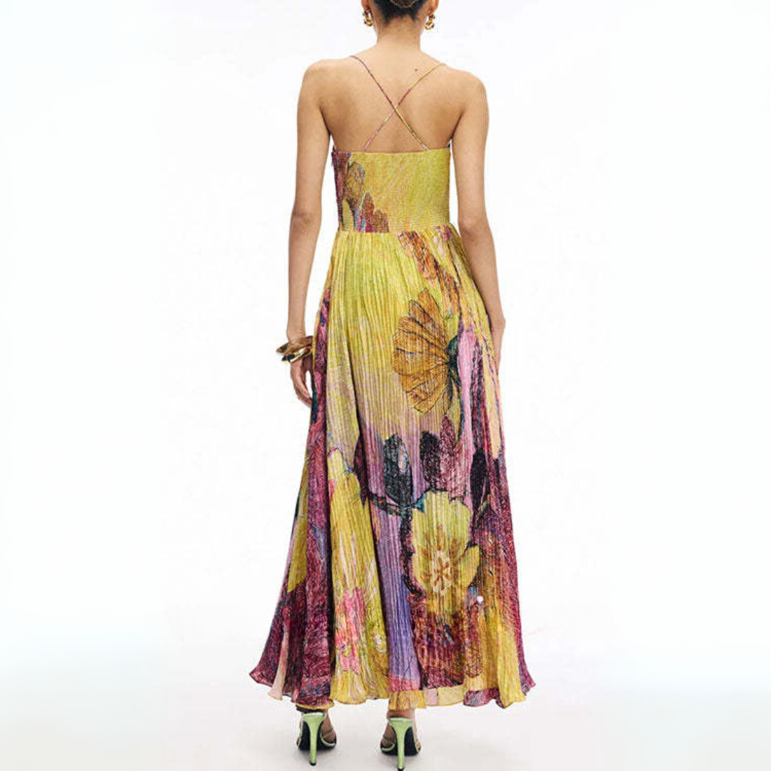 Emma Elegant Floral Print Waisted Swing Maxi Dress