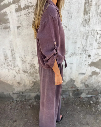 Mia Casual Solid Shirt & Wide Leg Two-Piece Set