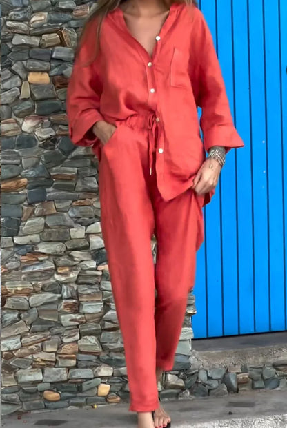 Emma Solid Color V-Neck Cotton Linen Set