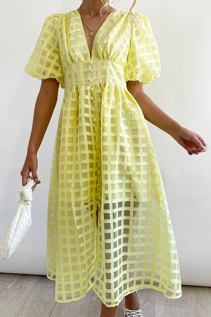 Layla Elegant Puff Sleeve Square Pattern Dress