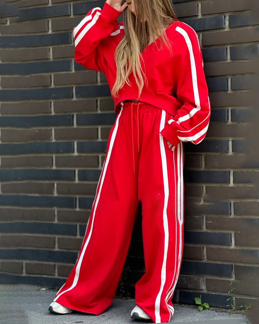 Nora Casual V-Neck Striped Sweat & Wide Leg Pants Two-Piece Set