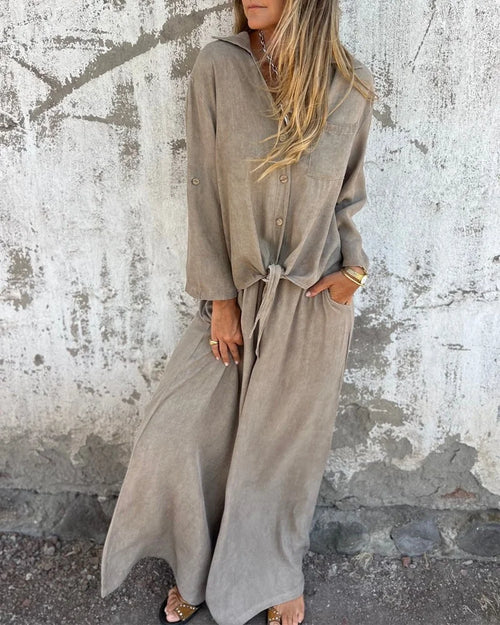Mia Casual Solid Shirt & Wide Leg Two-Piece Set