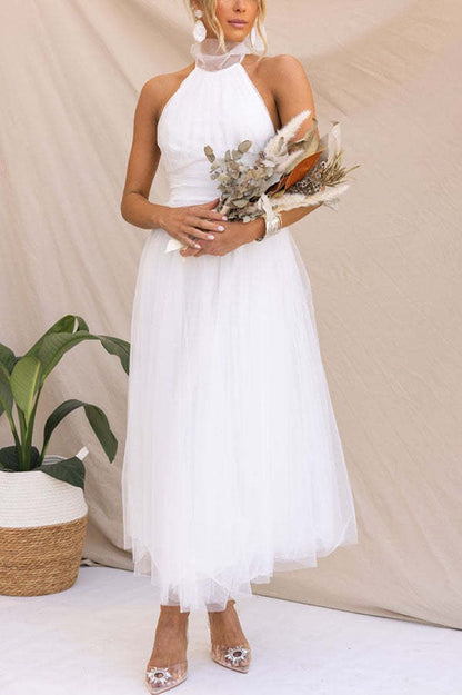 Sarah Elegant Tulle Gathered Detail Halter Dress