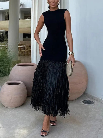Lily Elegant Raffia Fringed Midi Dress