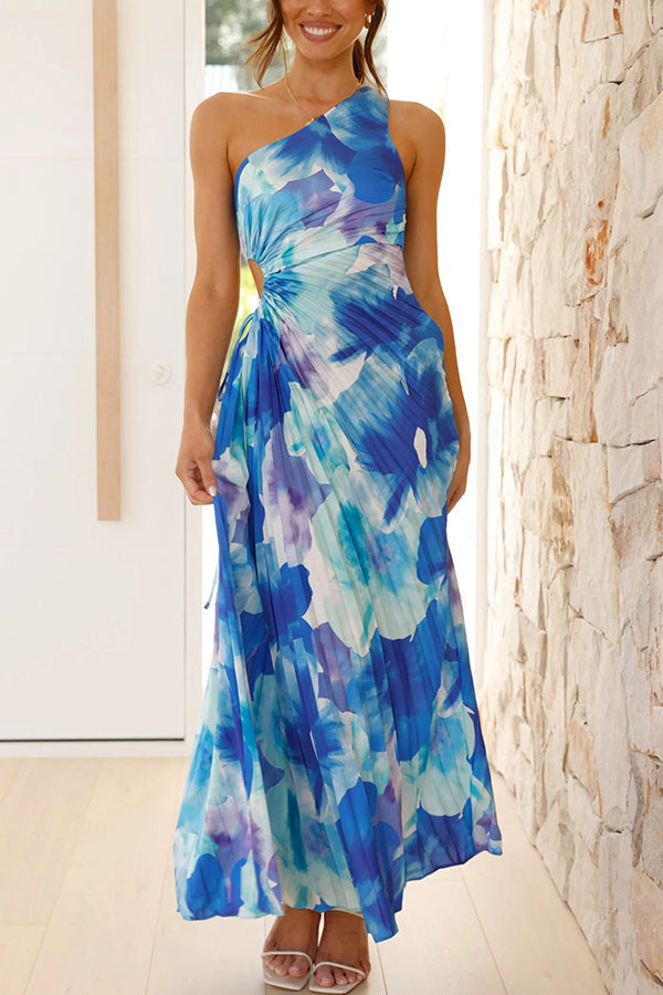 Ellie Elegant Floral Pleated One-Shoulder Dress