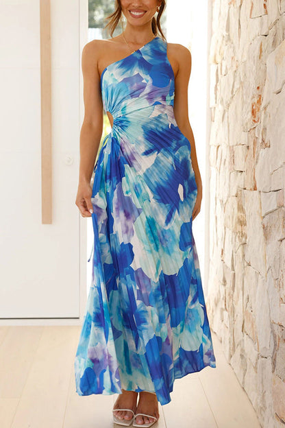 Ellie Elegant Floral Pleated One-Shoulder Dress