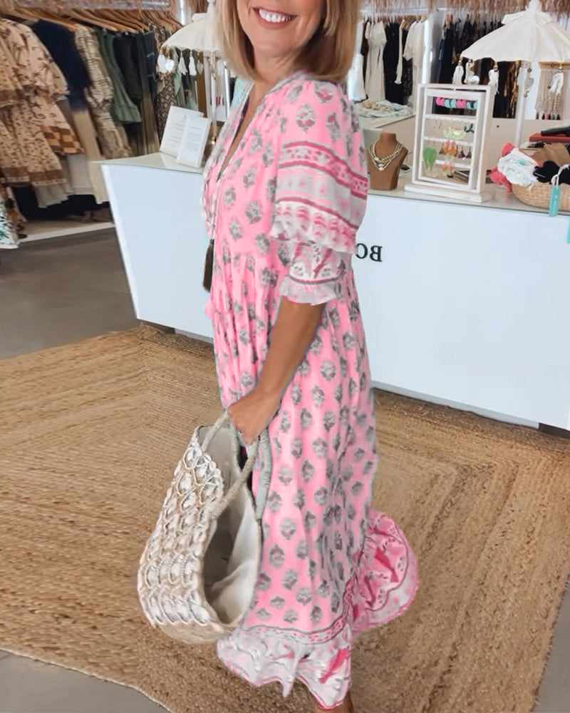 Emily Elegant V-Neck Printed Midi Dress with Balloon Sleeves