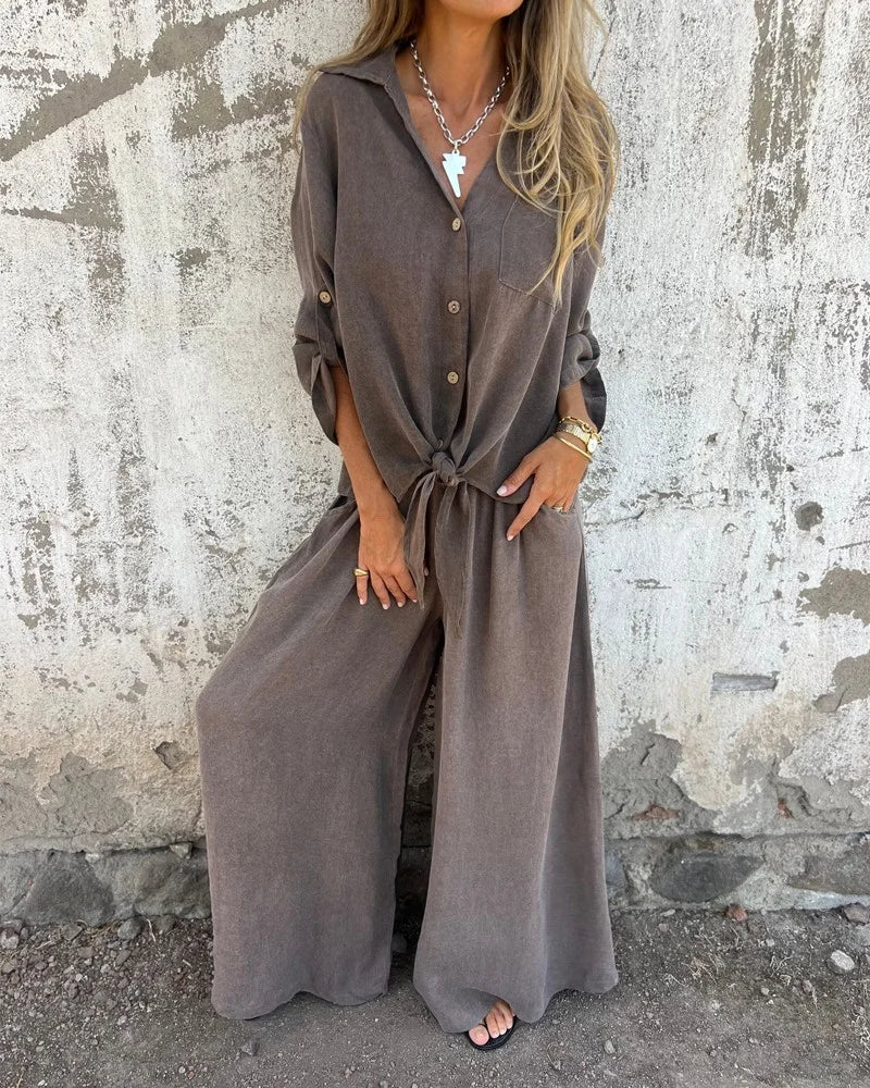 Mia Casual Solid Shirt & Wide Leg Two-Piece Set
