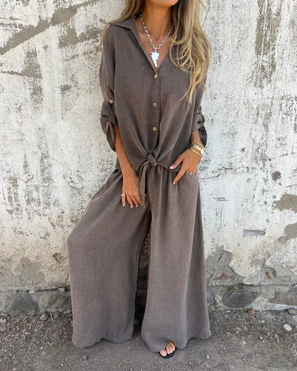 Mia Casual Solid Shirt & Wide Leg Two-Piece Set