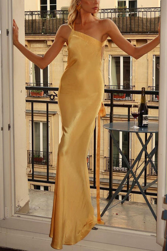 Eliza Elegant Satin One-Shoulder Backless Maxi Dress