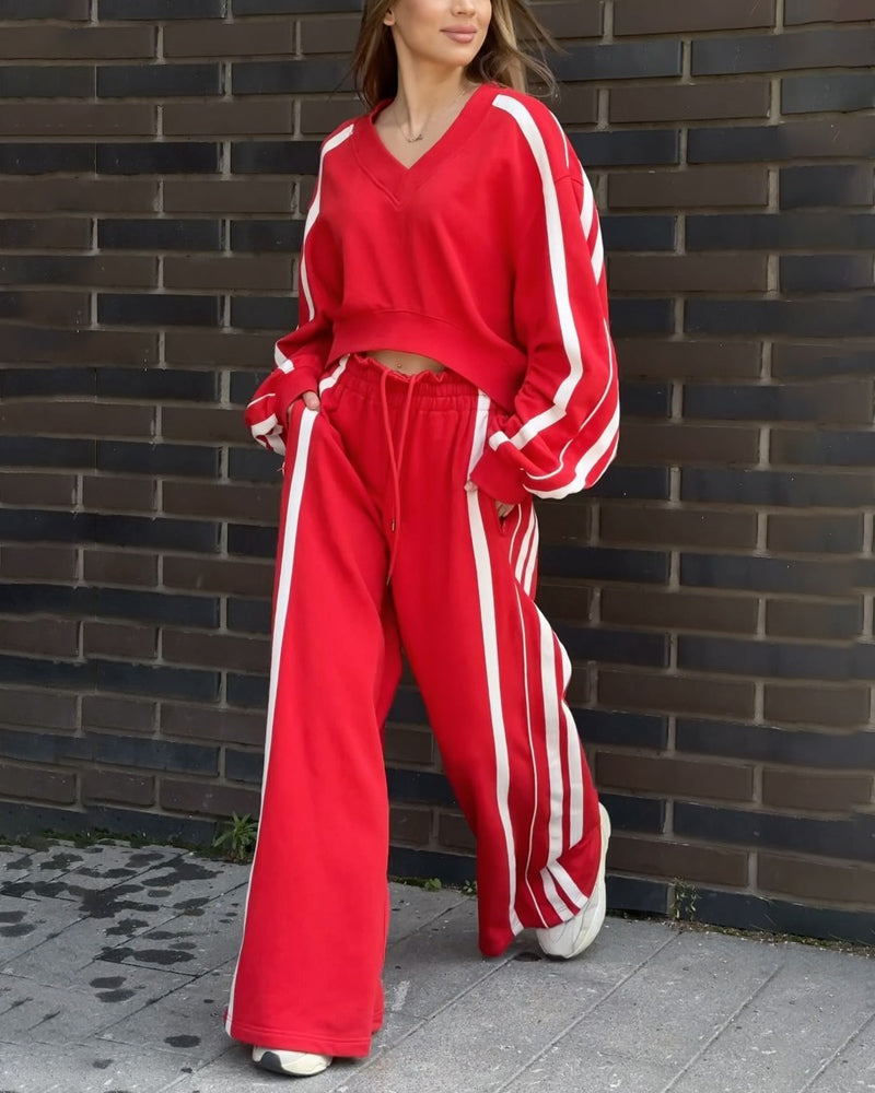 Nora Casual V-Neck Striped Sweat & Wide Leg Pants Two-Piece Set