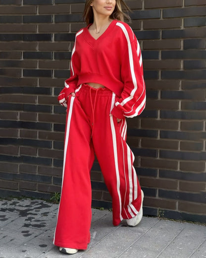Nora Casual V-Neck Striped Sweat & Wide Leg Pants Two-Piece Set