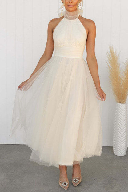 Sarah Elegant Tulle Gathered Detail Halter Dress