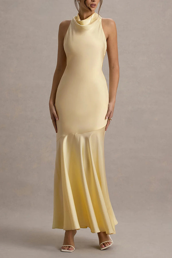 Tessa Elegant Satin Self-Tie Halter Neck Dress