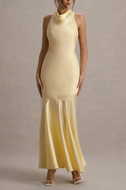 Tessa Elegant Satin Self-Tie Halter Neck Dress