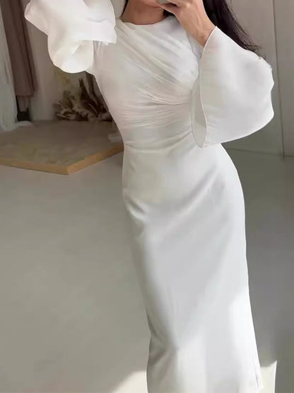 Fashion Solid Color Waistline Sexy Long-Sleeved Dress