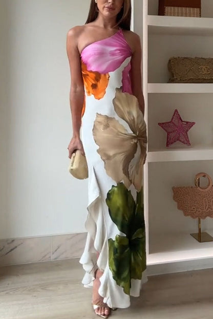 Ellie Elegant Floral Print One-Shoulder Maxi Dress