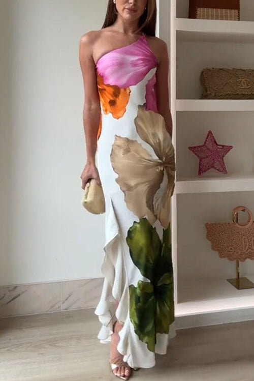 Ellie Elegant Floral Print One-Shoulder Maxi Dress