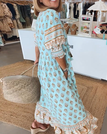 Emily Elegant V-Neck Printed Midi Dress with Balloon Sleeves