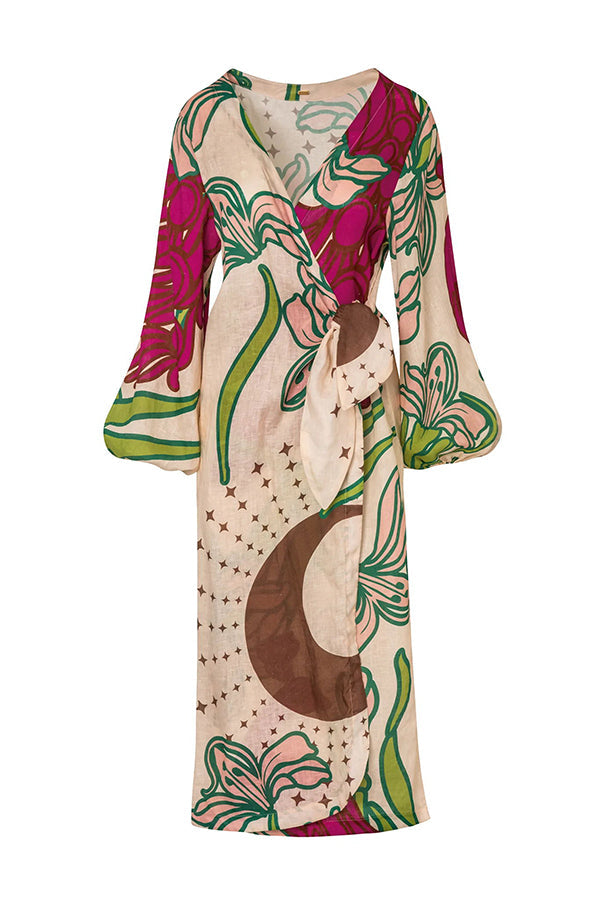 Olivia Stylish Balloon Sleeve Tie-Up Maxi Tunic Dress