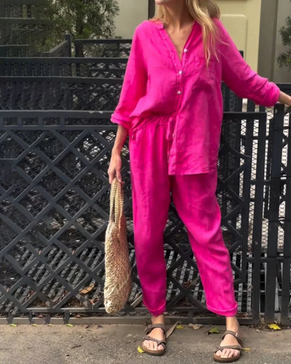 Emma Solid Color V-Neck Cotton Linen Set