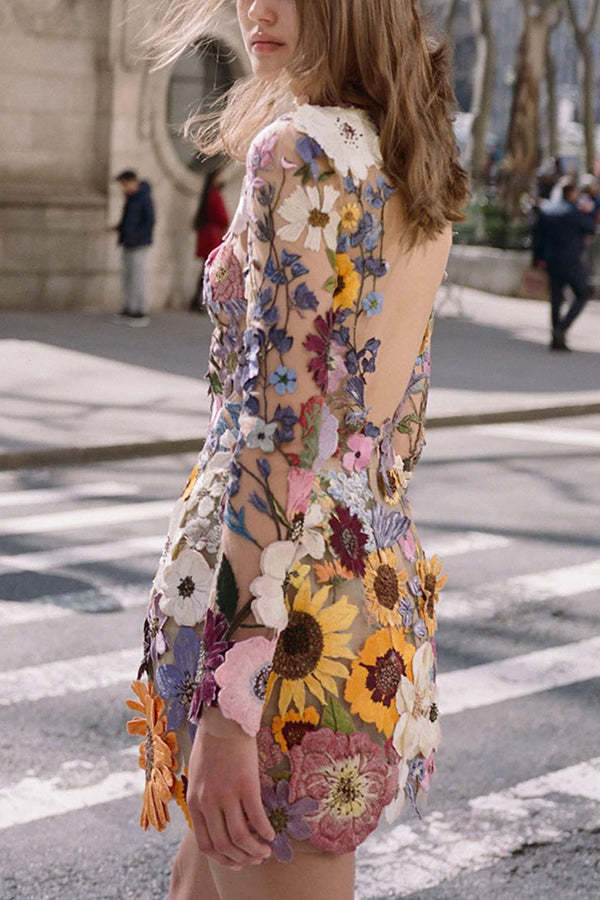 Sadie Elegantly Enchanted Floral Applique Backless Dress