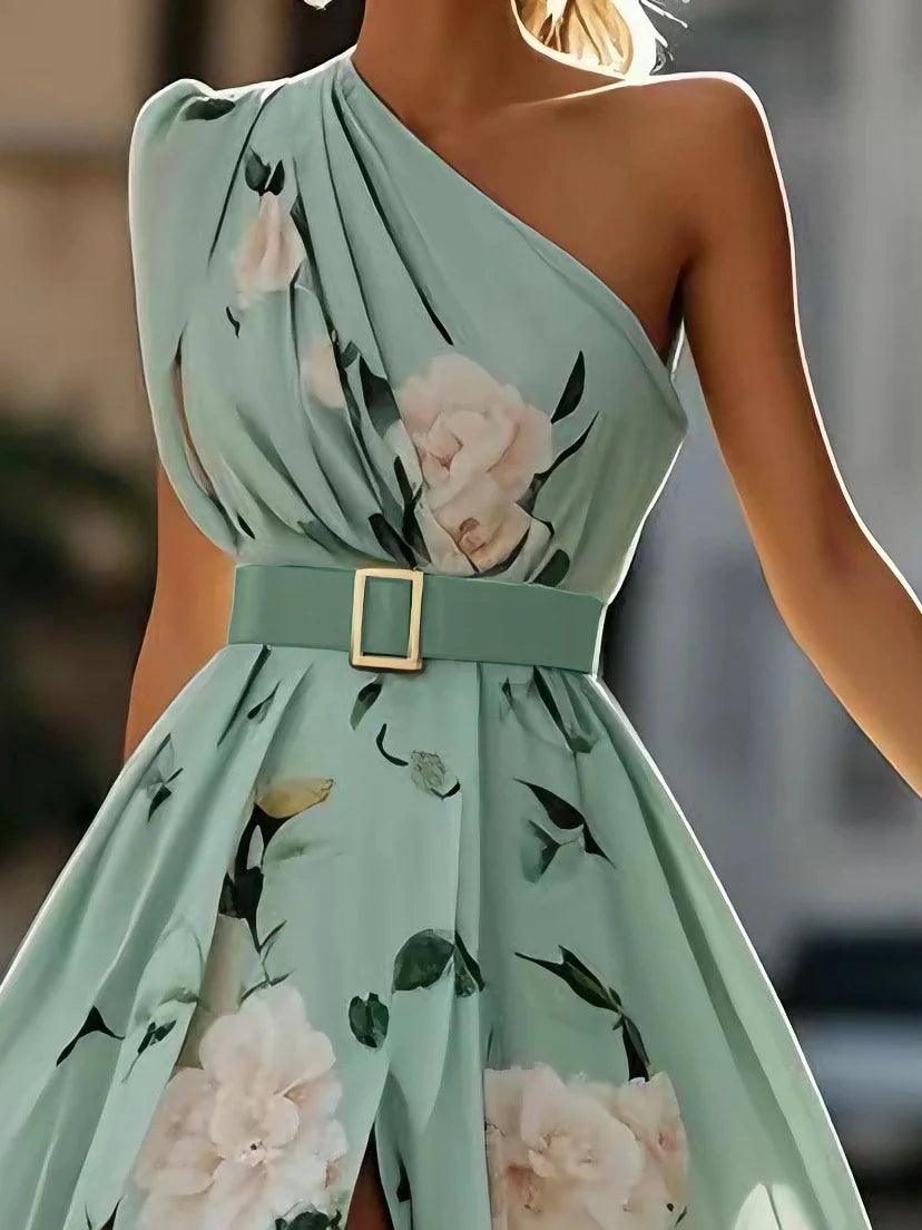 Daisy One Shoulder A-Line Maxi Chiffon Dress
