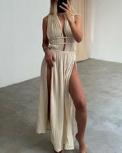 Harper Chic slit braided lace-up cotton and linen dress