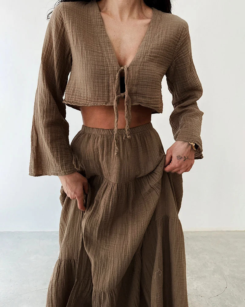 Grace Fashionable lace-up slit cotton and linen two-piece set