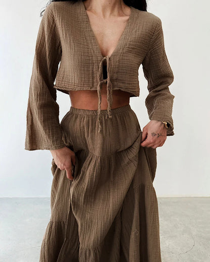 Grace Fashionable lace-up slit cotton and linen two-piece set