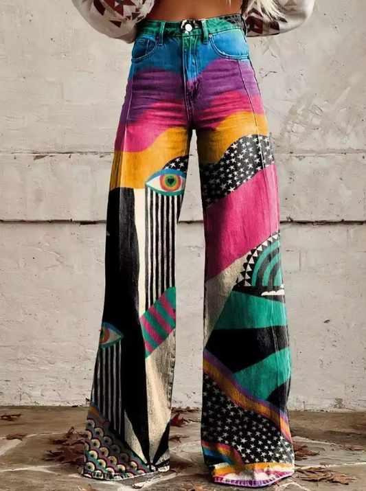 Isla High Waist Boho Flare Pants with Festival Art Look