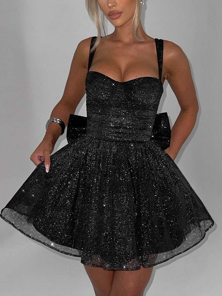 Eliana Stylish Pleated Bow Mini Dress
