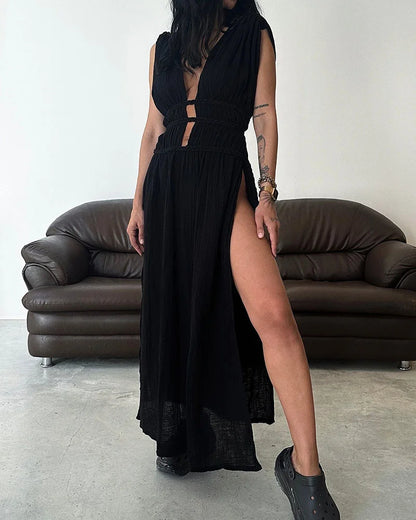 Harper Chic slit braided lace-up cotton and linen dress