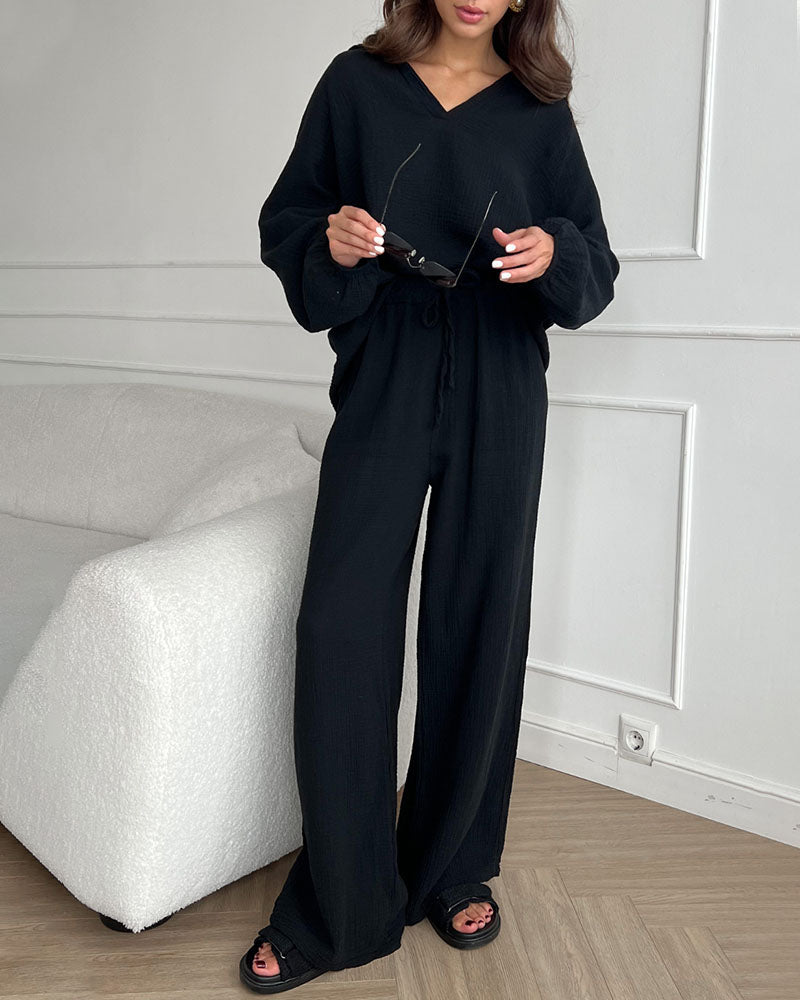 Anna - Simple V-Neck Casual Two-piece Set
