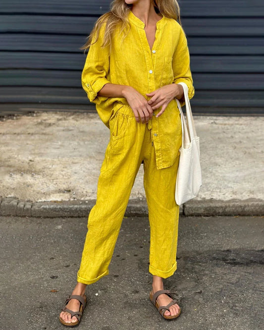 Emma Solid Color V-Neck Cotton Linen Set