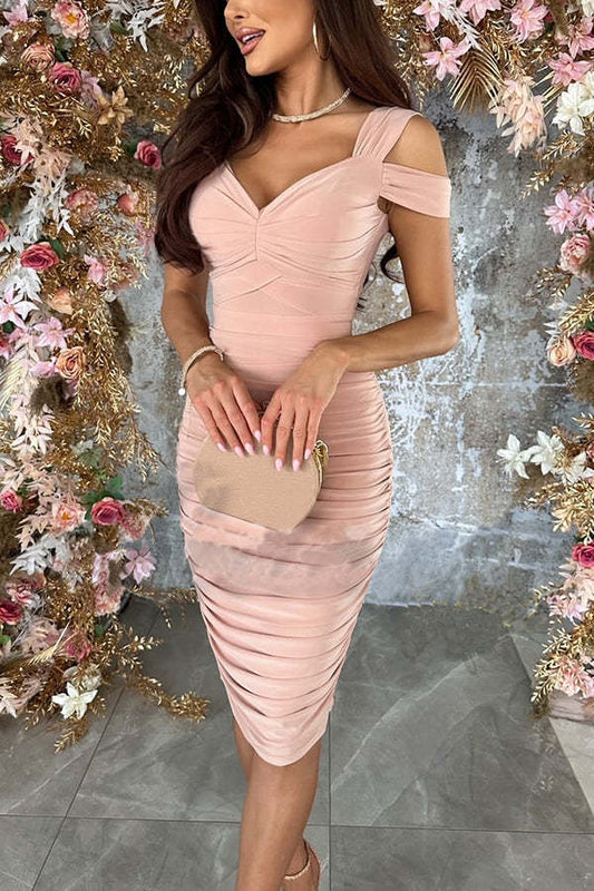 Maya Elegant Ruched Cold Shoulder Midi Dress
