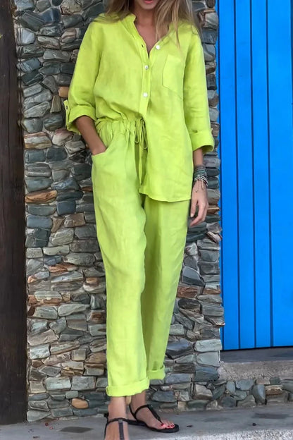 Emma Solid Color V-Neck Cotton Linen Set