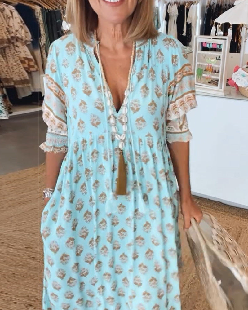 Emily Elegant V-Neck Printed Midi Dress with Balloon Sleeves